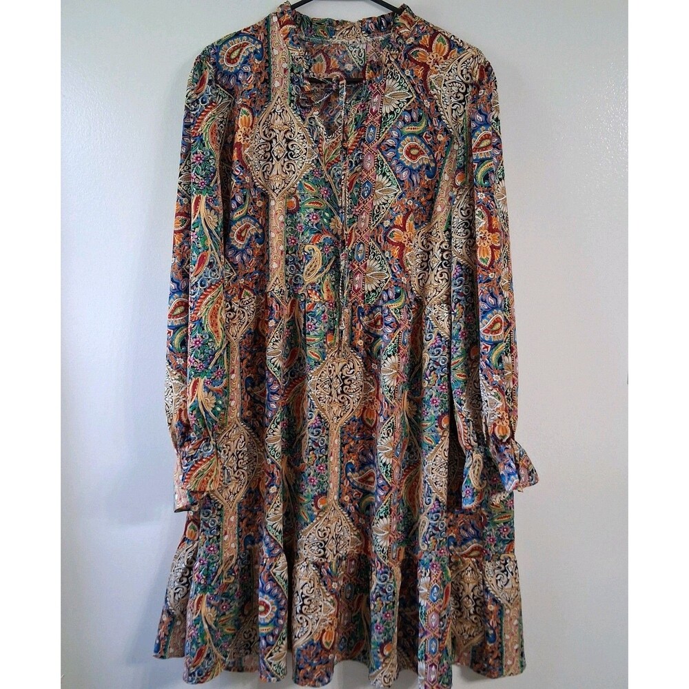 Multicolor Paisley Dress 2XL Ruffle Neck w/ Tie Long Slv Ruffled Cuff & Hem